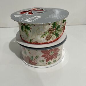 Wire-Edge Christmas Decorative Ribbon Lot Pinecone Holly Poinsettia Glitter 2.5"